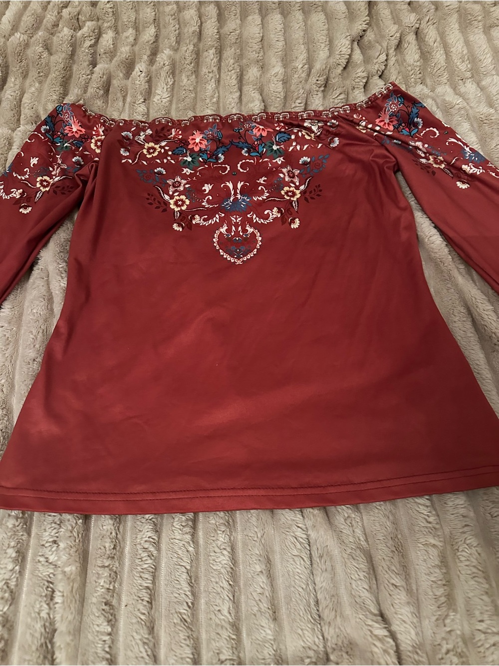 SHEIN Off-Shoulder Floral Embroidered Top - Burgundy with Blue Accents
